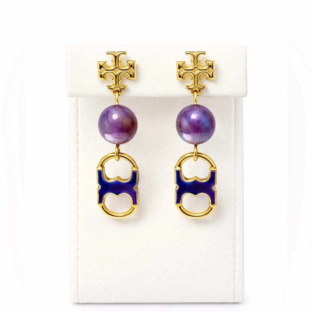 Tory Burch Gold-tone Blue Enamel & Purple Stone Gemini Drop Earrings
